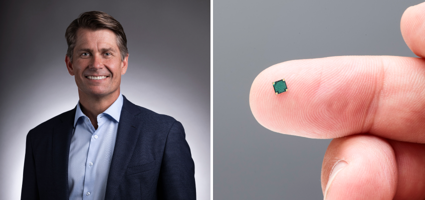 Porträttbild på Per Lindberg, VD på Jondetech, och ett pekfinger med en liten rund sensor på.