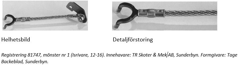 Registrering 81747, mönster nr 1 (Isrivare, 12-16). Innehavare: TR Skoter & Mek AB, Sunderbyn. Formgivare: Tage Backeblad, Sunderbyn.