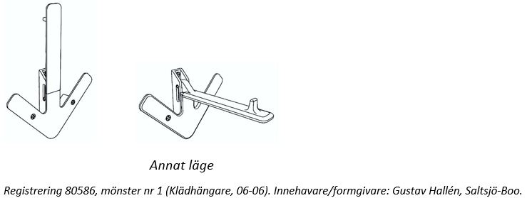 Registrering 80586, mönster nr 1 (Klädhängare, 06-06). Innehavare/formgivare: Gustav Hallén, Saltsjö-Boo.