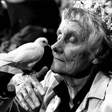 Foto av Astrid Lindgren med fågel