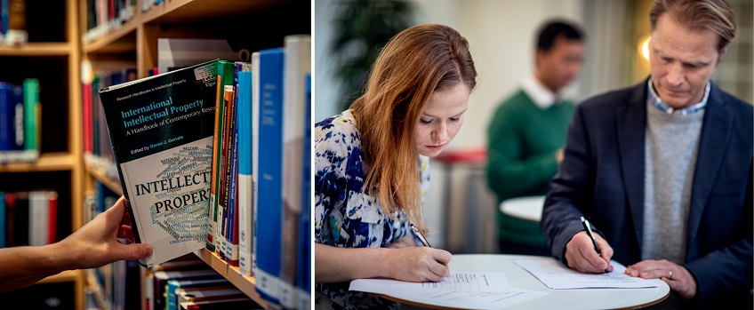 Biblioteksmiljö med två människor i förgrunden som skriver.