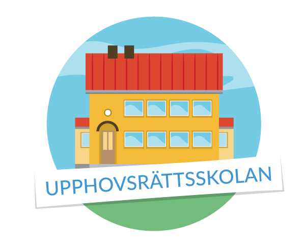 Bild på Uphovsrättsskolans logotyp med en tecknad skola